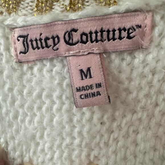 Y2K Juicy Couture White Fuzzy Knit Sweater Angora Feel Gold Metallic Cropped - Picture 3 of 4